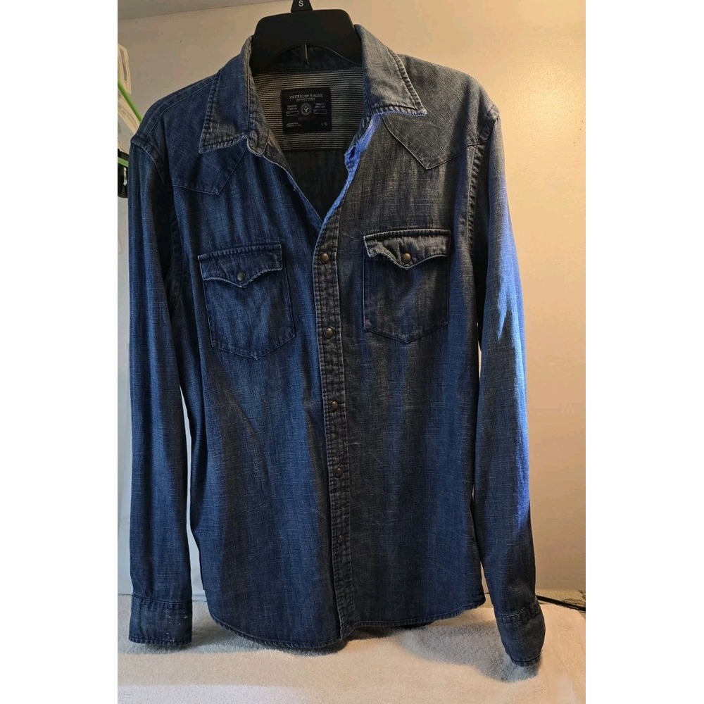 American‎ Eagle Unisex Vintage Fit Pearl Snap Denim Button Up Shirt Blue Large